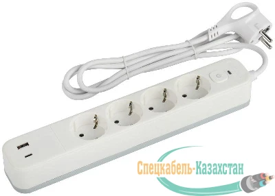 Удлинитель с сетевым фильтром 4х1.5м с заземл. 10А USF-4es-1.5m-2xUSBAC-W +2xUSBA+C3.1A с выкл. с базов. защитой Эра Б0059571