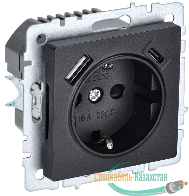 Розетка BRITE РЮш11-1-БрЧ 16А с USB A+C 18Вт с заземл. защ. шторки механизм черн. IEK BR-R14-16-U22-018-K02
