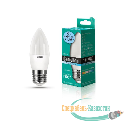 Лампа светодиодная LED8-C35/845/E27 8Вт свеча 4500К бел. E27 750лм 170-265В Camelion 12390
