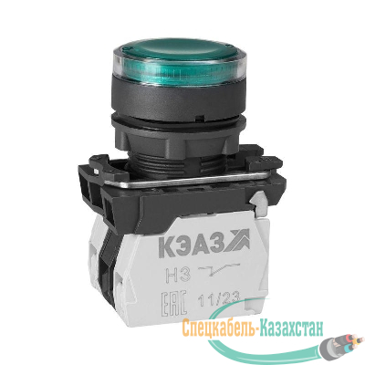Кнопка КМЕ4511мЛ-220В-зеленый-1но+1нз-цилиндр-индикатор-IP54 КЭАЗ 309579