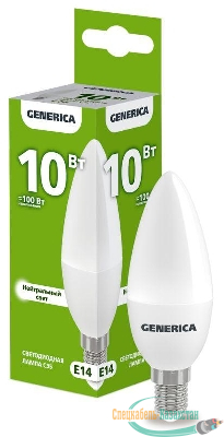 Лампа светодиодная C35 10Вт свеча 4000К E14 230В GENERICA LL-C35-10-230-40-E14-G