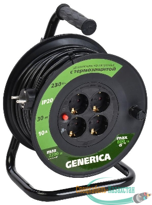 Удлинитель на катушке 4х30м 10А IP20 УК30 2P+PE 3х1 термозащита GENERICA WKP10-10-04-30-G
