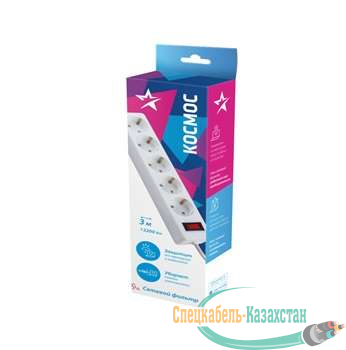 Удлинитель с сетевым фильтром 5х3м с заземл. 10А IP20 2.2кВт 3х0.75 индикатор сети бел. Космос FKsm3m-5g(W)