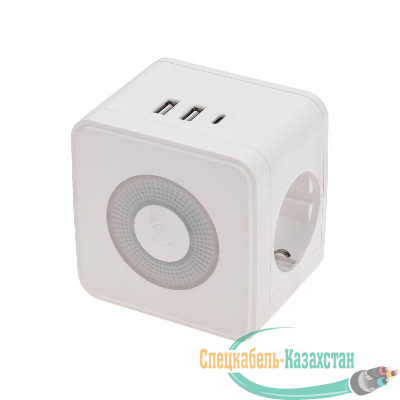 Двойник электрический Куб 16А с/з+2хUSB-A 2.4А+USB Type-C 3А с ночной подсветкой бел. Rexant 11-1251