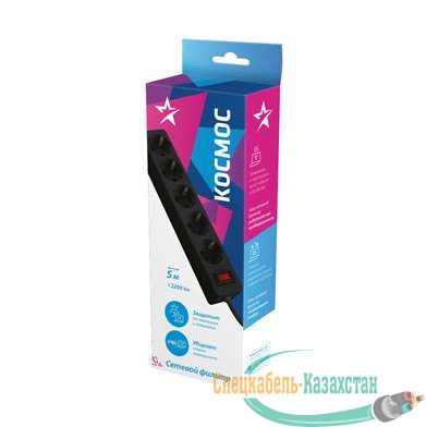 Удлинитель с сетевым фильтром 5х5м с заземл. 10А IP20 2.2кВт 3х0.75 индикатор сети черн. Космос FKsm5m-5g(B)