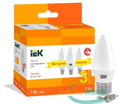 Лампа светодиодная C35 свеча 7Вт 230В 3000К E14 (уп.3шт) IEK LLE-C35-07-230-30-E14-3