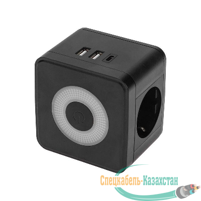Двойник электрический Куб 16А с/з+2хUSB-A 2.4А+USB Type-C 3А с ночной подсветкой черн. Rexant 11-1252