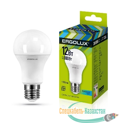 Лампа светодиодная LED-A60-12W-E27-4500K 12Вт грушевидная 4500К бел. E27 180-240В ЛОН Ergolux 12151