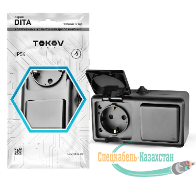 Блок ОП Dita (розетка 16А 250В с заземл. + 1-кл. выкл. 10А) IP54 карбон TOKOV ELECTRIC TKL-DT-V1RZ-C14-IP54