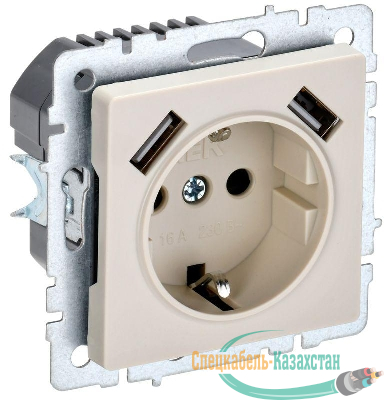 Розетка BRITE РЮш10-2-БрКр 16А с USB A+A 3.1А с заземл. защ. шторки механизм беж. IEK BR-R14-16-U21-D31-K10