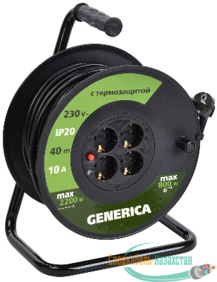 Удлинитель на катушке 4х40м 10А IP20 УК40 2P+PE 3х1 термозащита GENERICA WKP10-10-04-40-G