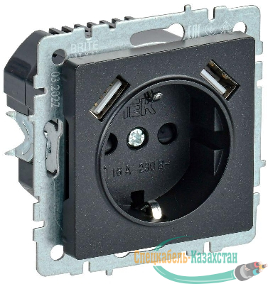 Розетка BRITE РЮш10-1-БрЧ 16А с USB A+A 2.1А с заземл. защ. шторки механизм черн. IEK BR-R14-16-U21-D21-K02