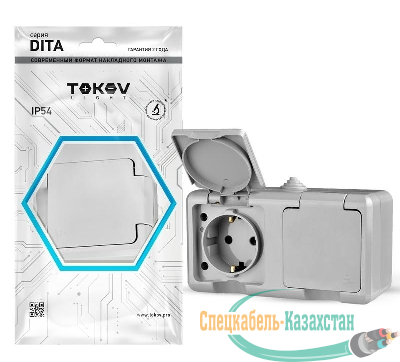Розетка 2-м ОП Dita 16А IP54 250В с заземл. с крышкой сер. TOKOV ELECTRIC TKL-DT-R2Z-C06-IP54
