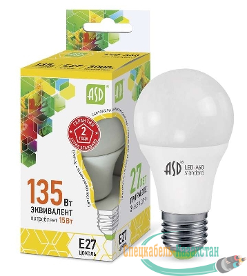 Лампа светодиодная LED-A60-standard 15Вт грушевидная 3000К тепл. бел. E27 1350лм 160-260В ASD 4690612002088