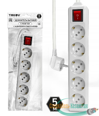 Удлинитель 5х5м с заземл. с выкл. 10А 3х1.5 TOKOV LIGHT TKL-C01-BU5-5-1.5-ZV