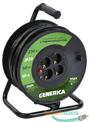 Удлинитель на катушке 4х50м 16А IP20 УК50 2P+PE 3х1.5 термозащита GENERICA WKP20-16-04-50-G