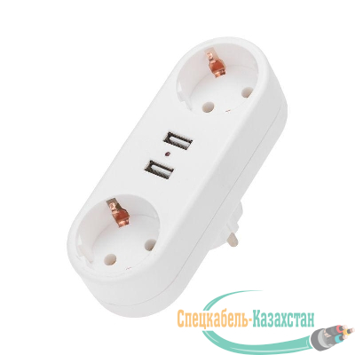 Двойник электрический линейный 16А с/з+2 USB-порта 2.4А бел. Rexant 11-1090
