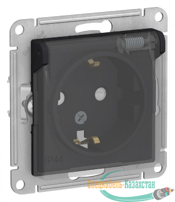 Розетка 1-м СП AtlasDesign Aqua 16А IP44 с заземл. защ. шторки с прозр. крышкой механизм карбон SE ATN441046