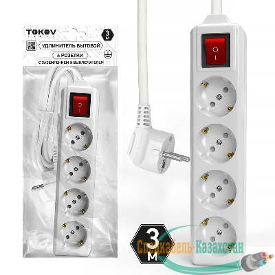 Удлинитель 4х3м с заземл. с выкл. 10А 3х1.5 TOKOV LIGHT TKL-C01-BU4-3-1.5-ZV
