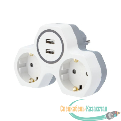 Разветвитель 2-м с заземл. 16А IP20 2хUSB 2.4А защ. шторки бел. Rexant 11-1089