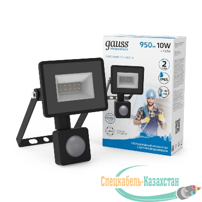 Прожектор светодиодный Elementary 10Вт 6500К IP65 850лм 175-265В ДО с датчиком движения черн. GAUSS 628511310