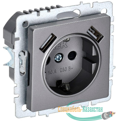 Розетка BRITE РЮш10-1-БрС 16А с USB A+A 2.1А с заземл. защ. шторки механизм сталь IEK BR-R14-16-U21-D21-K46