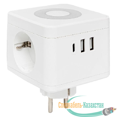 Разветвитель 3-м куб 2 гнезда 2хUSB 2.4А + тип C + ночник EKF UBA-CUB-T2-TC