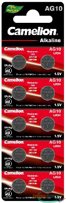 Элемент питания алкалиновый "таблетка" G10 Mercury Free AG10-BP0%Hg 389A/LR1130/189 BL-10 (блист.10шт) Camelion 12818
