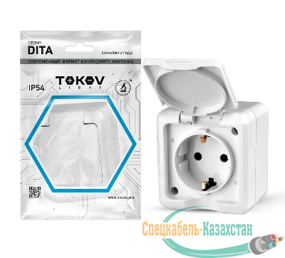 Розетка 1-м ОП Dita 16А IP54 250В с заземл. с крышкой бел. TOKOV ELECTRIC TKL-DT-R1Z-C01-IP54