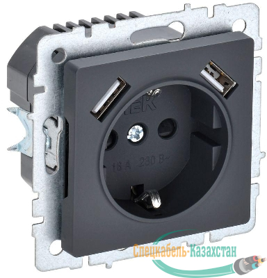 Розетка BRITE РЮш10-1-БрГ 16А с USB A+A 2.1А с заземл. защ. шторки механизм графит IEK BR-R14-16-U21-D21-K53
