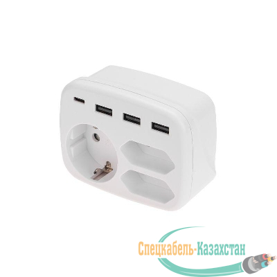 Тройник электрический 16А с/з+2х2.5А+3хUSB-A 2.4А+USB Type-C 3А бел. Rexant 11-1250